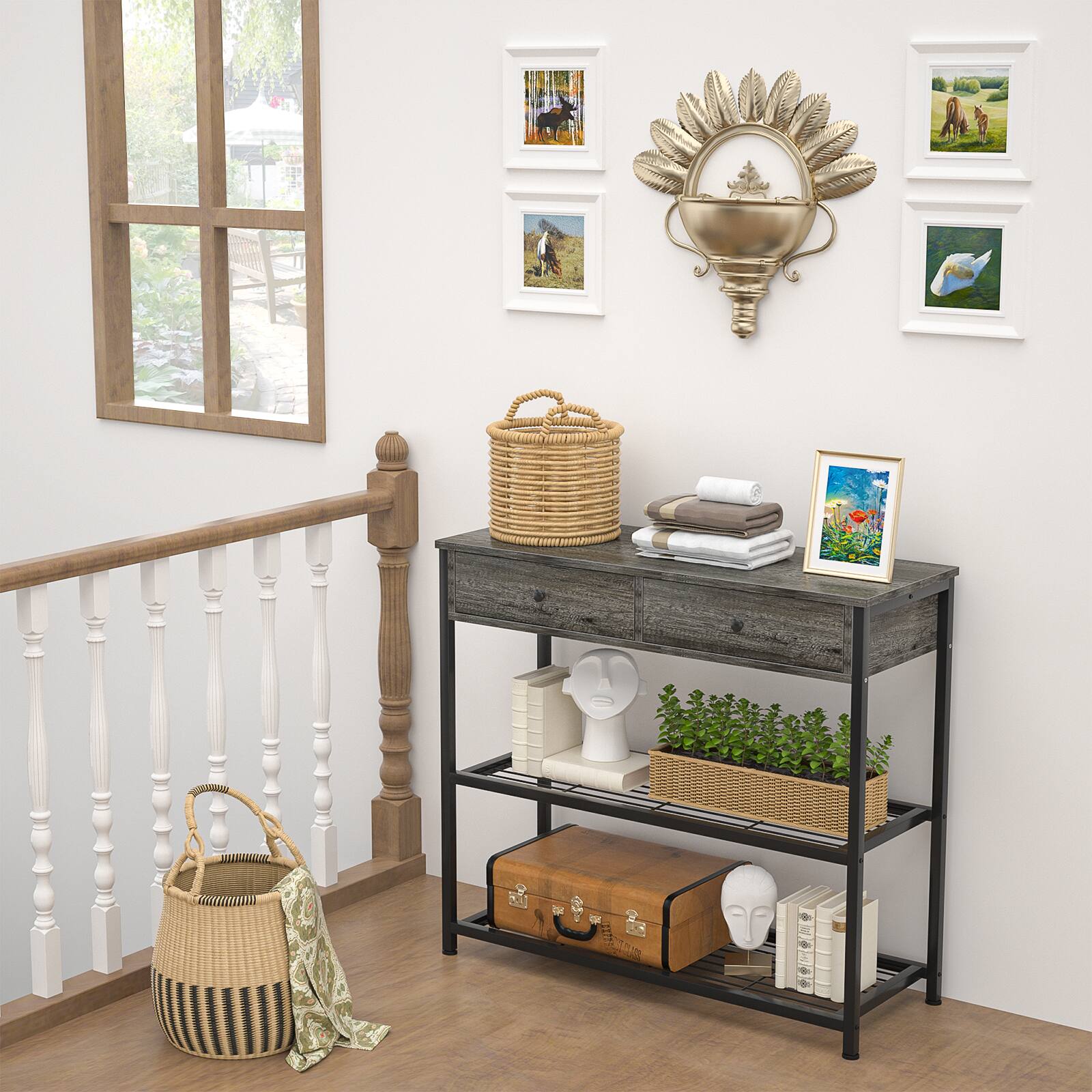 Alt View 2. Aheaplus - 32'' Console Table, with Charging Station and Drawers, Narrow End Table for Entryway, Living Room - Gray Oak.