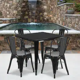 Emma + Oliver - Commercial Grade 31.5" Square Metal Indoor-Outdoor Table Set with 4 Stack Chairs - Black