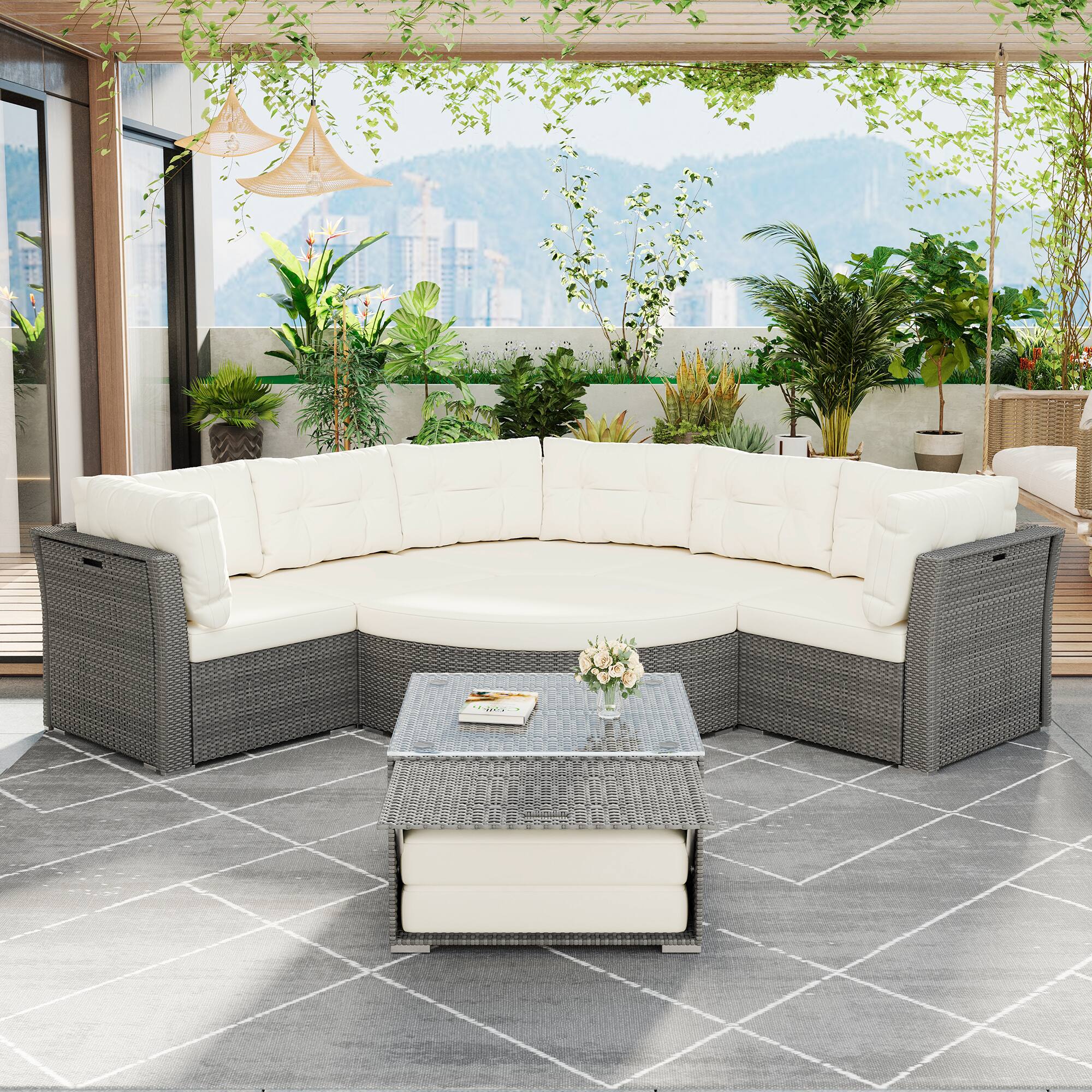 Front. Tiramisubest - Patio Furniture Set Outdoor Daybed Rattan Sectional with Cushions and Center Table for Patio,Lawn,Backyard,Pool,Beige - Beige.
