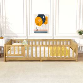 Tiramisubest - Twin Size Floor Bed with Fence and Door,Rubber Wood Floor Bed with Safety Guardrails,Natural - Natural