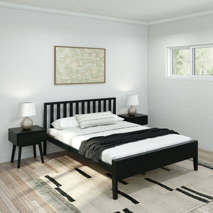 Front. Plank+Beam - Scandinavian Queen-Size Bed with Slatted Headboard, Black - Black.