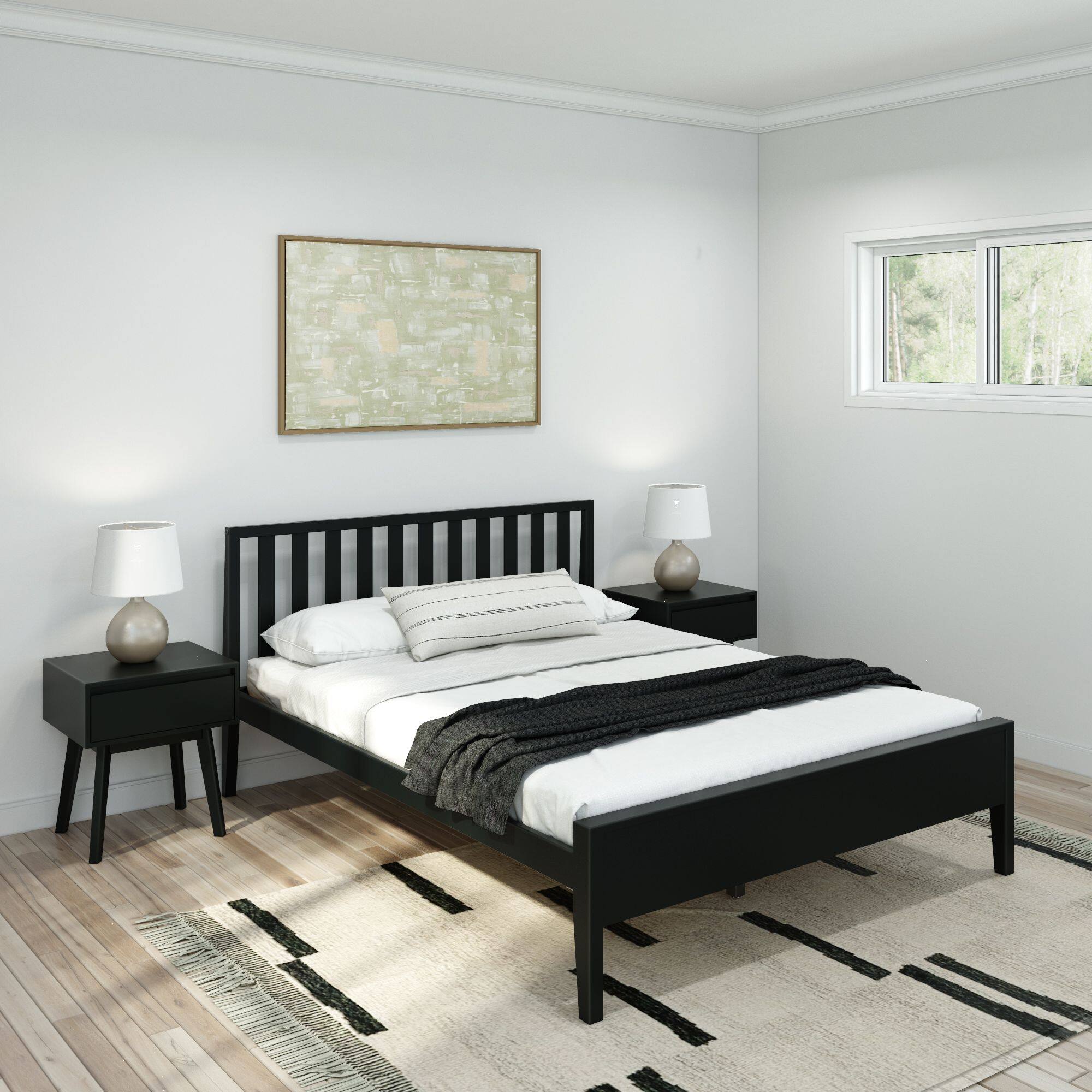 Front. Plank+Beam - Scandinavian Queen-Size Bed with Slatted Headboard, Black - Black.