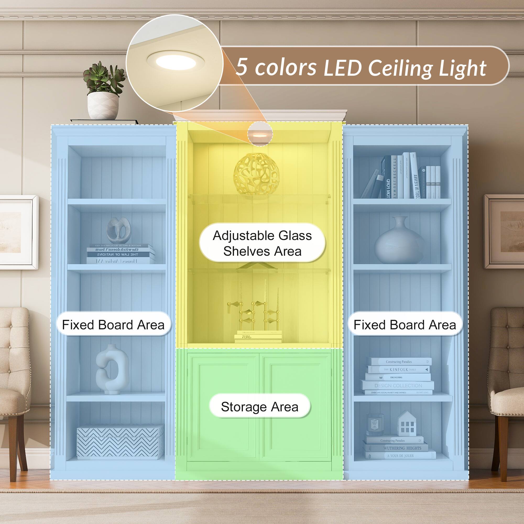 5 colors LED Ceiling Light

Adjustable Glass Shelves Area

Fixed Board Area

Fixed Board Area

Storage Area