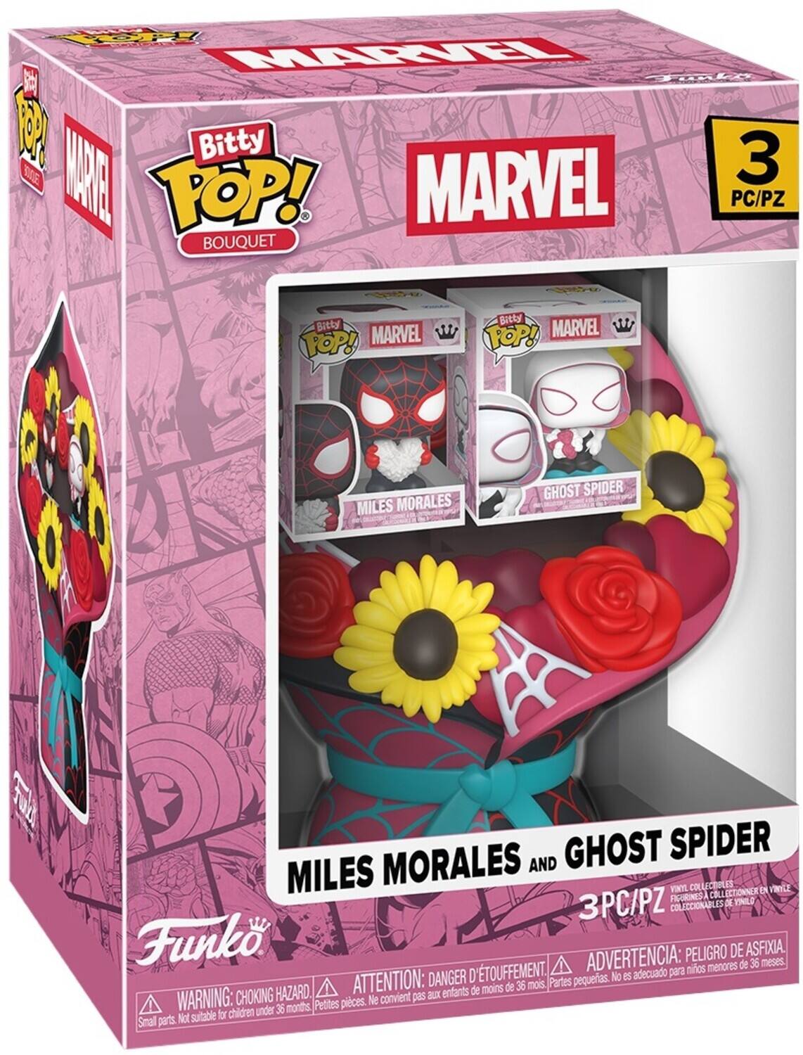 Sure, here is the corrected and grouped text from the image:

---

**Bitty POP! Bouquet**

**MARVEL**

**Miles Morales and Ghost Spider**

**3 PC/PZ**

**Funko**

**WARNING: CHOKING HAZARD. Small parts. Not suitable for children under 36 months.**

**ATTENTION: DANGER. Petite pièces. Ne convient pas aux enfants de moins de 36 mois.**

**ADVERTENCIA: PELIGRO DE ASFIXIA. Piezas pequeñas. No es adecuado para niños menores de 36 meses.**

**VINYL COLLECTIBLES FIGURINES A COLLECTIONNER EN VINYLE FIGURINES COLLECTIBLES EN VINYLE**

---

This text is organized to reflect the information on the packaging, including the product name, brand, warning labels, and collection details.