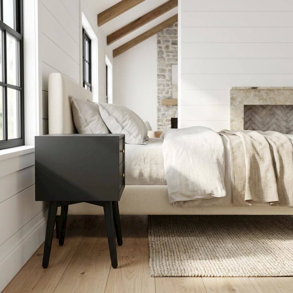 Alt View 5. FurniFact - Wooden Nightstand with MDF and Poplar Veneer Finish for Modern Bedroom Style - Matte Black.