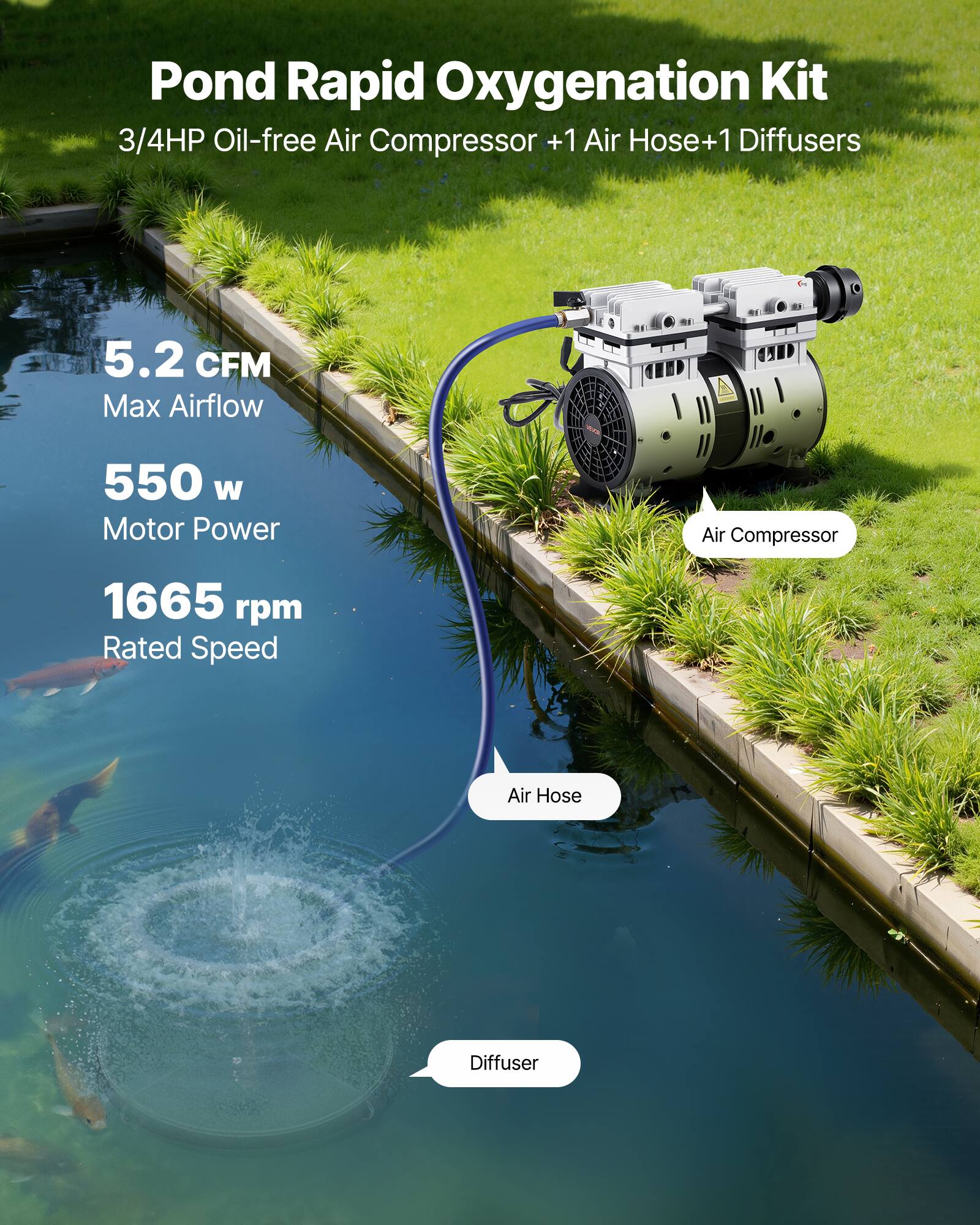 Pond Rapid Oxygenation Kit  
3/4HP Oil-free Air Compressor +1 Air Hose+1 Diffusers

5.2 CFM Max Airflow  
550 W Motor Power  
1665 rpm Rated Speed

Air Compressor  
Air Hose  
Diffuser