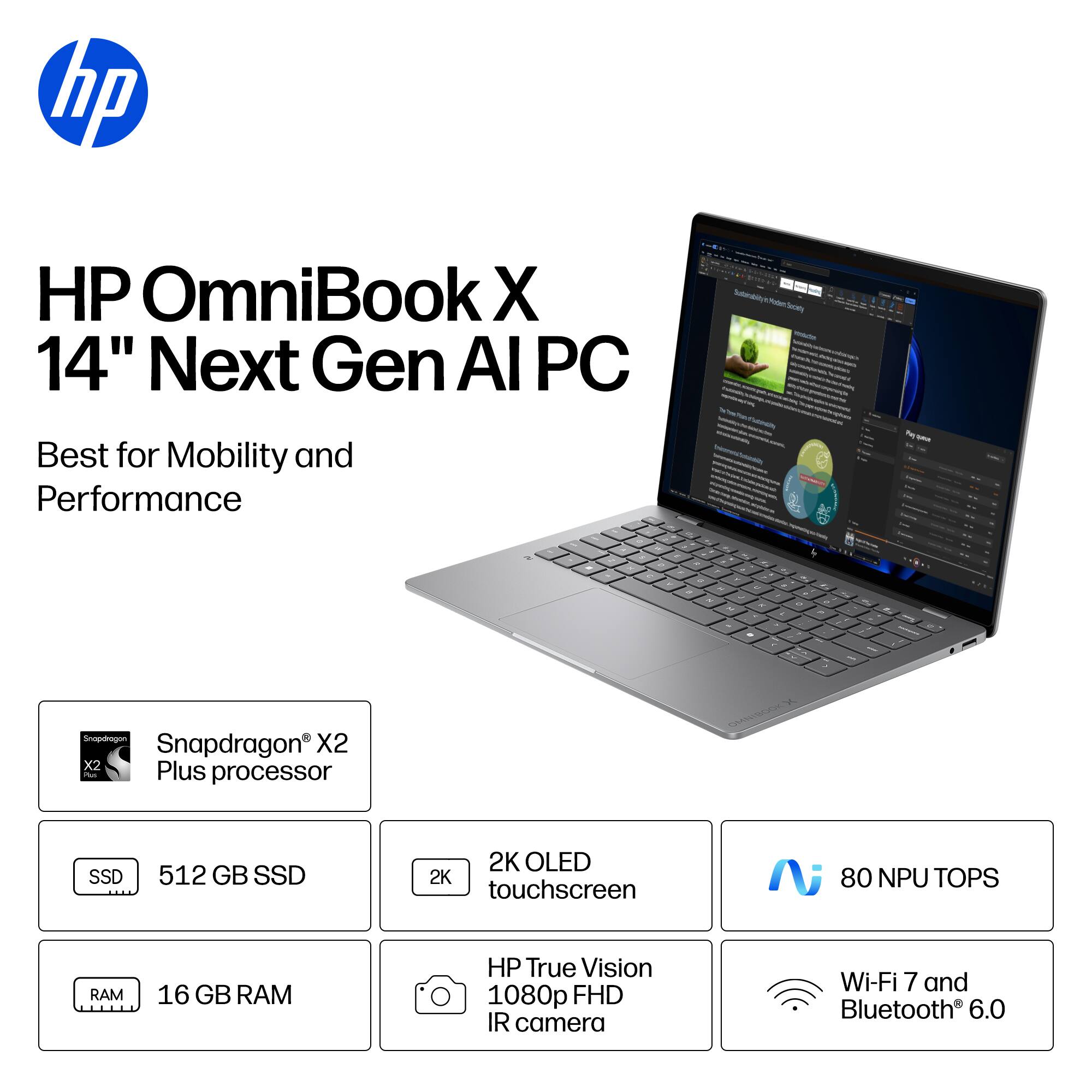 HP OmniBook X 14" Next Gen AI PC  
Best for Mobility and Performance  

- Snapdragon® X2 Plus processor  
- 512 GB SSD  
- 16 GB RAM  
- 2K OLED touchscreen  
- HP True Vision 1080p FHD IR camera  
- 80 NPU TOPS  
- Wi-Fi 7 and Bluetooth® 6.0