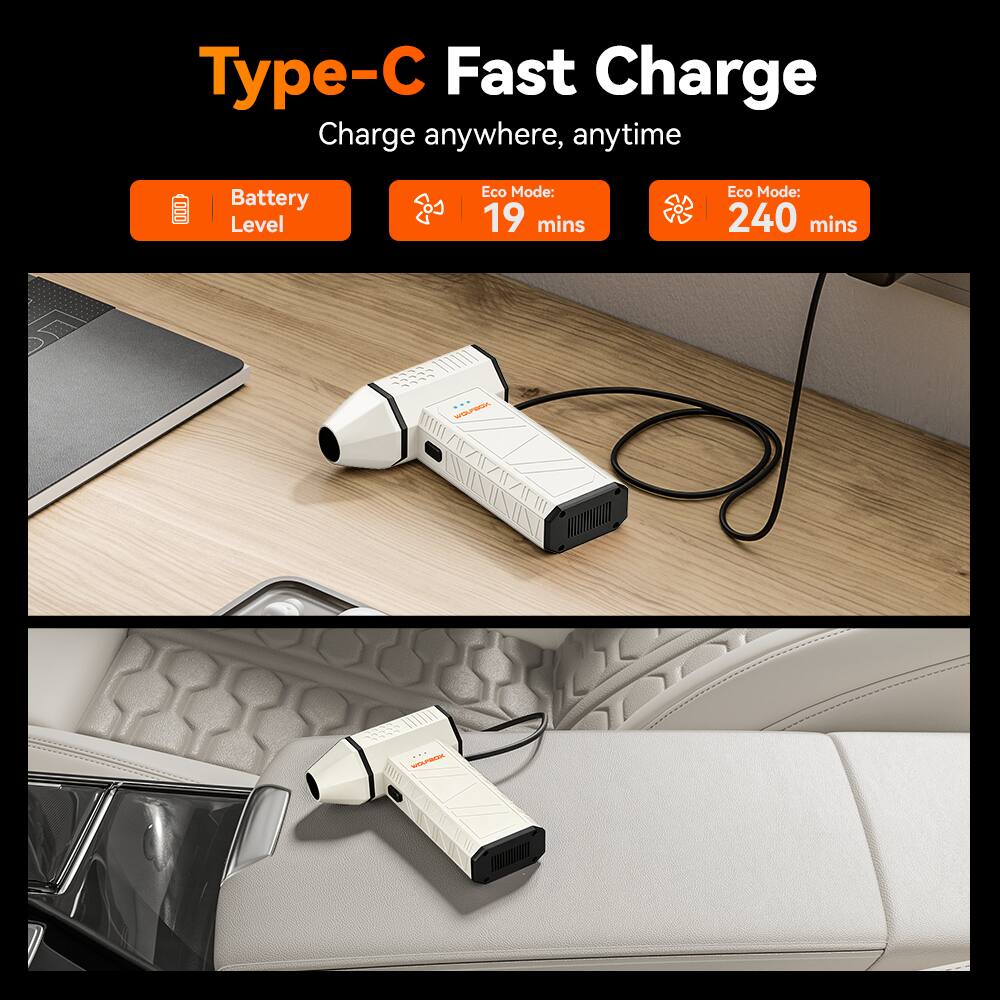 Type-C Fast Charge  
Charge anywhere, anytime  

Battery Level  

Eco Mode: 19 mins  
Eco Mode: 240 mins  

WOLFROK  
WOLFBOX