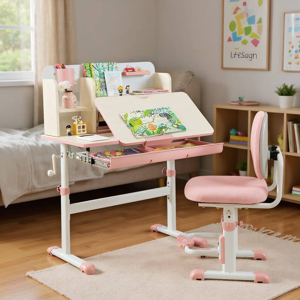 Front. Kadyn - Height Adjustable Children School Home Study Table and Chair Set with Tilted Desktop for 3-12 Years Old-Pink - Pink.