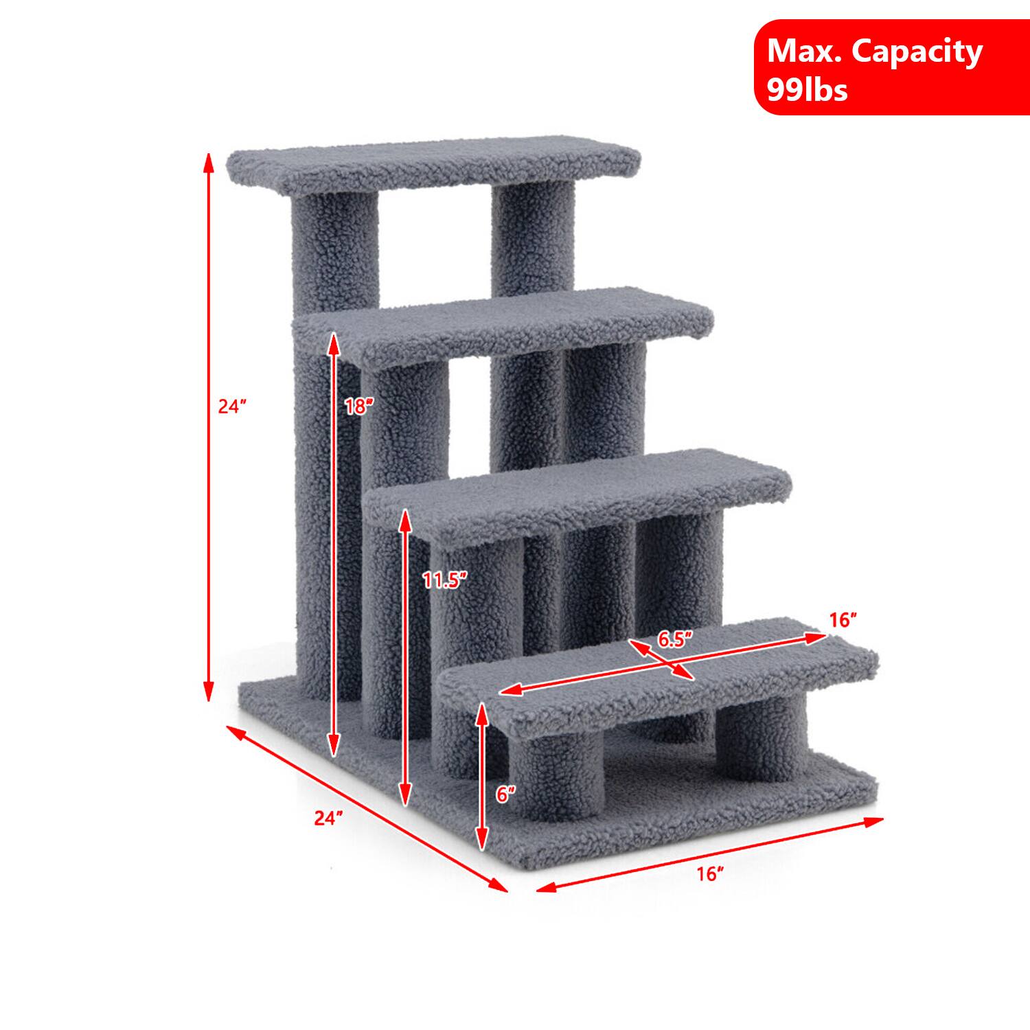 Max. Capacity 99lbs  
24" x 18" x 11.5" x 6.5" x 16" x 24" x 6" x 16"