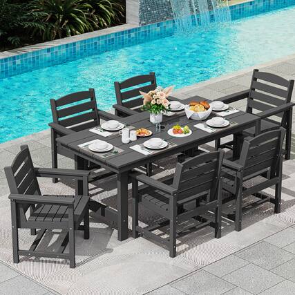 Front. SERWALL - 7 Pcs Outdoor Dining Set, Outdoor Dining Furniture with Rectangular Table & 6 Chairs, All-Weather Resistant Dining Set - Black.
