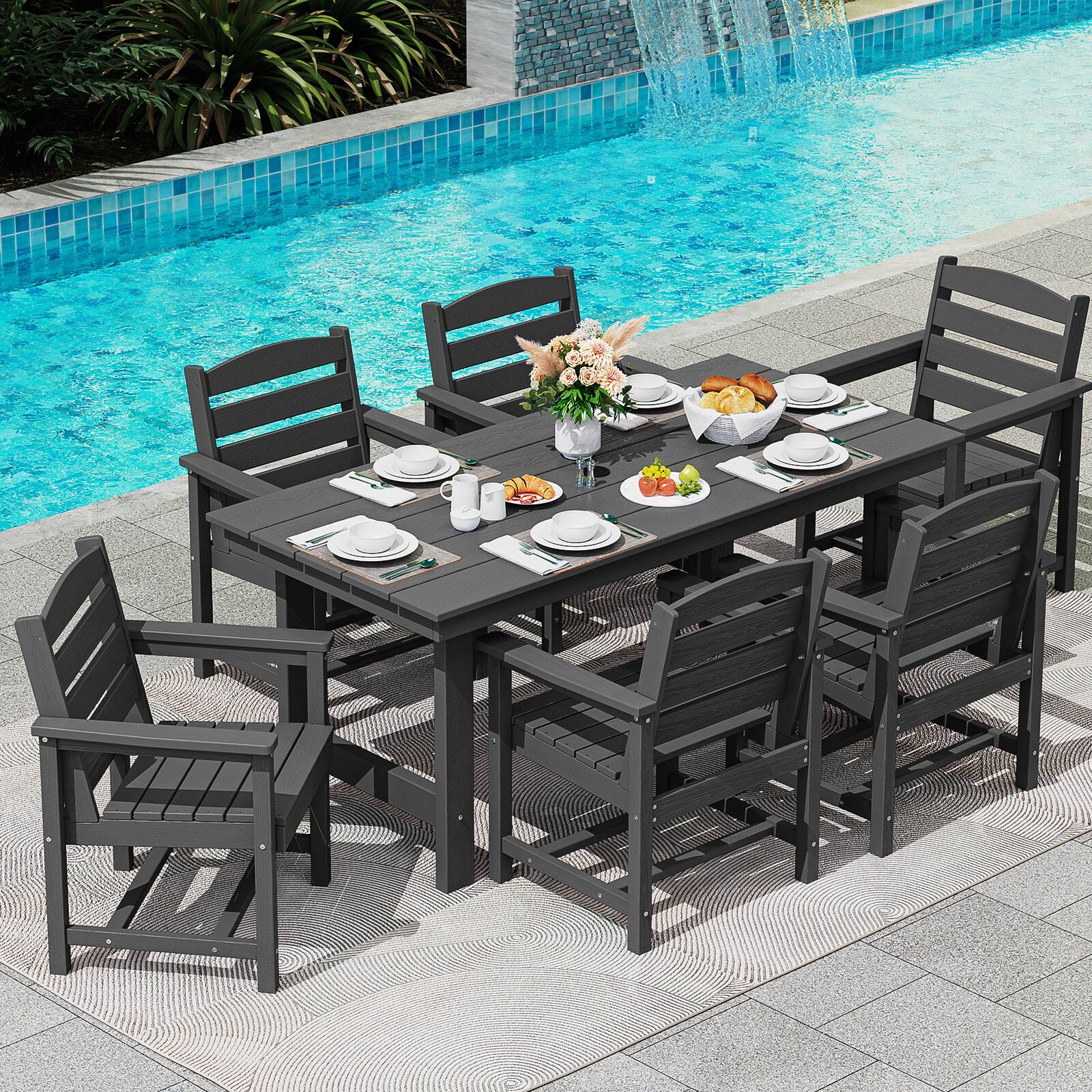 Front. SERWALL - 7 Pcs Outdoor Dining Set, Outdoor Dining Furniture with Rectangular Table & 6 Chairs, All-Weather Resistant Dining Set - Black.