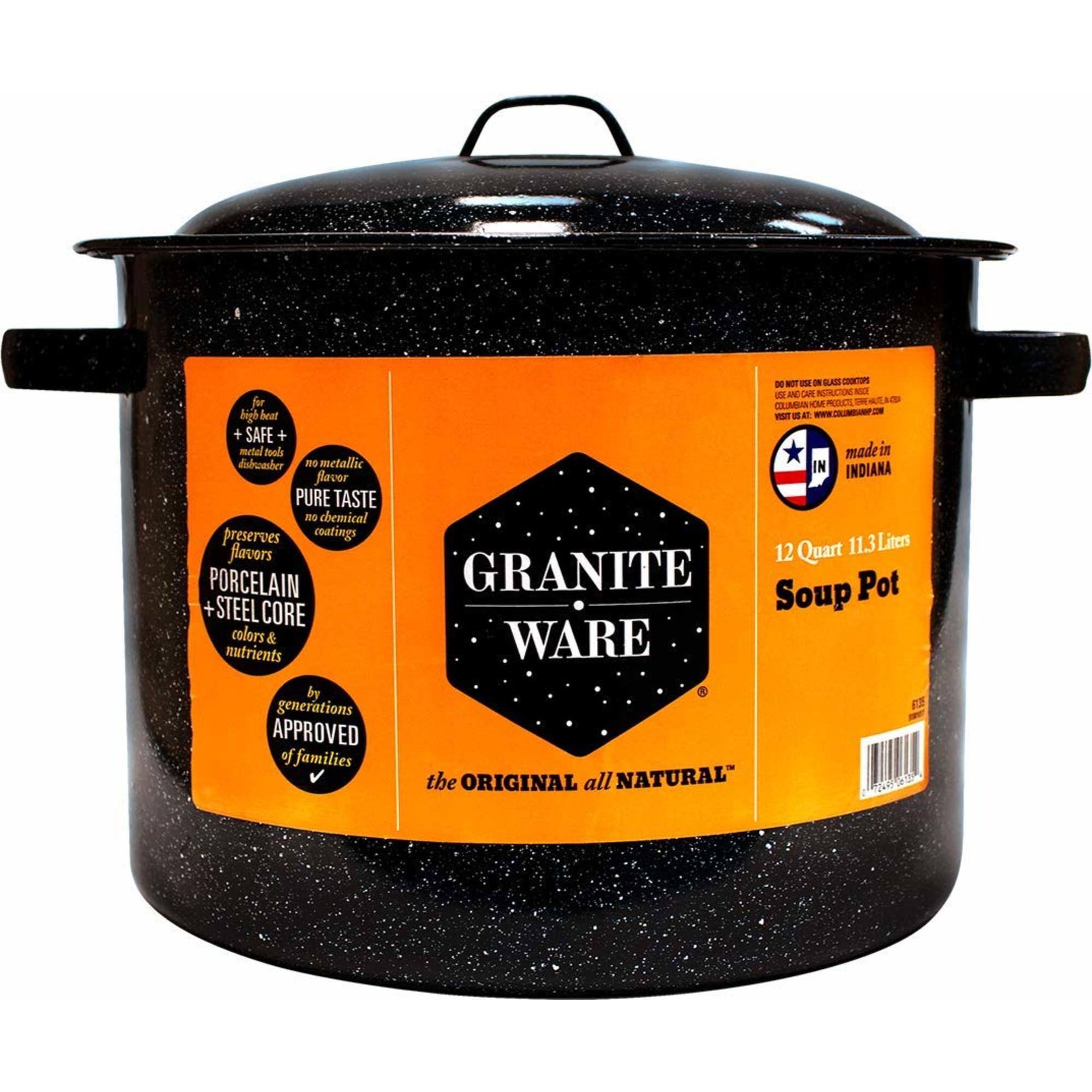 - High heat + Safe + Metal tools dishwasher
- No metallic flavors
- Pure taste
- No chemical preservatives
- Coatings
- Porcelain + Steel core
- Colors & nutrients
- By generations approved of families
- Made in Indiana
- 11.3 Liters
- 12 Quart
- Granite Pot Soup Ware
- The original all natural