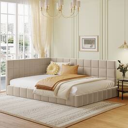 Tiramisubest - Full Size Upholstered Daybed/Sofa Bed Frame-Beige, Velvet - Beige