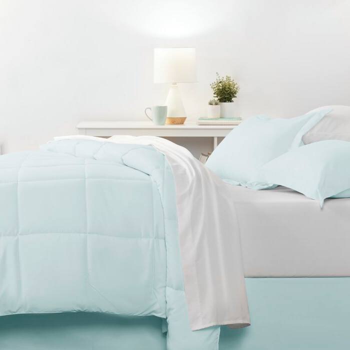 Left. SlickBlue - Microfiber 6-Piece Reversible Bed-in-a-Bag Comforter Set for All Seasons - Aqua Blue.