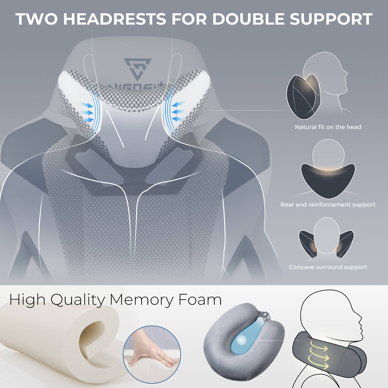 TWO HEADRESTS FOR DOUBLE SUPPORT

- Natural fit on the head
- Rear end reinforcement support
- Concave surround support

High Quality Memory Foam
