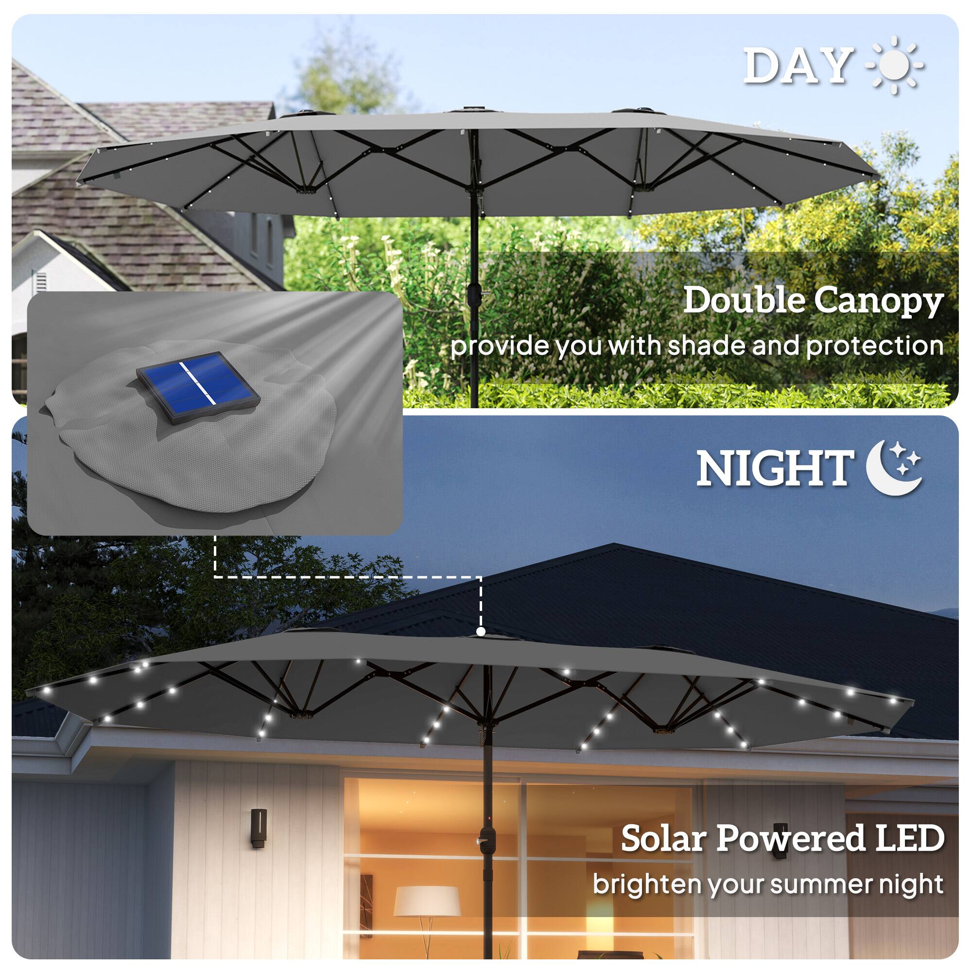 DAY: Double Canopy provide you with shade and protection
NIGHT: Solar Powered LED brighten your summer night