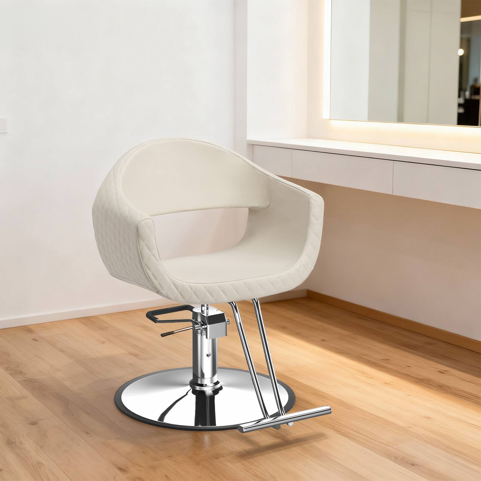 Angle. Winado - Salon Hydraulic Chair Barber Chair with Diamond Stitching Faux Leather, Memory Foam, Open Back, Wide Armrests, Footrest - Light Khaki & Silver.