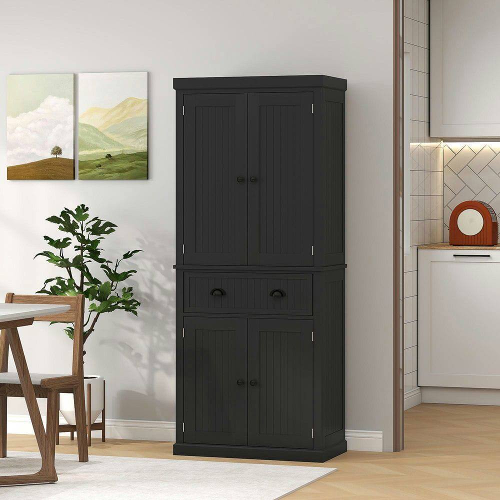 Angle. Kadyn - 72-Inch 4-Door Pantry with Large Central Drawer & Adjustable Shelves, Black - Black.