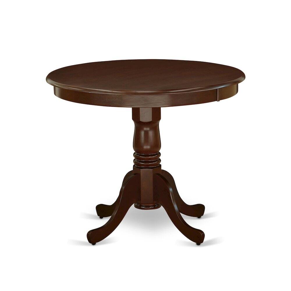 Angle. East West Furniture - AMDU3-MAH-LC 3 Piece Modern Dining Table Set Contains 1 Round Pedestal Table and 2 Mahogany Faux Leather Kitchen Chair - Mahogany.