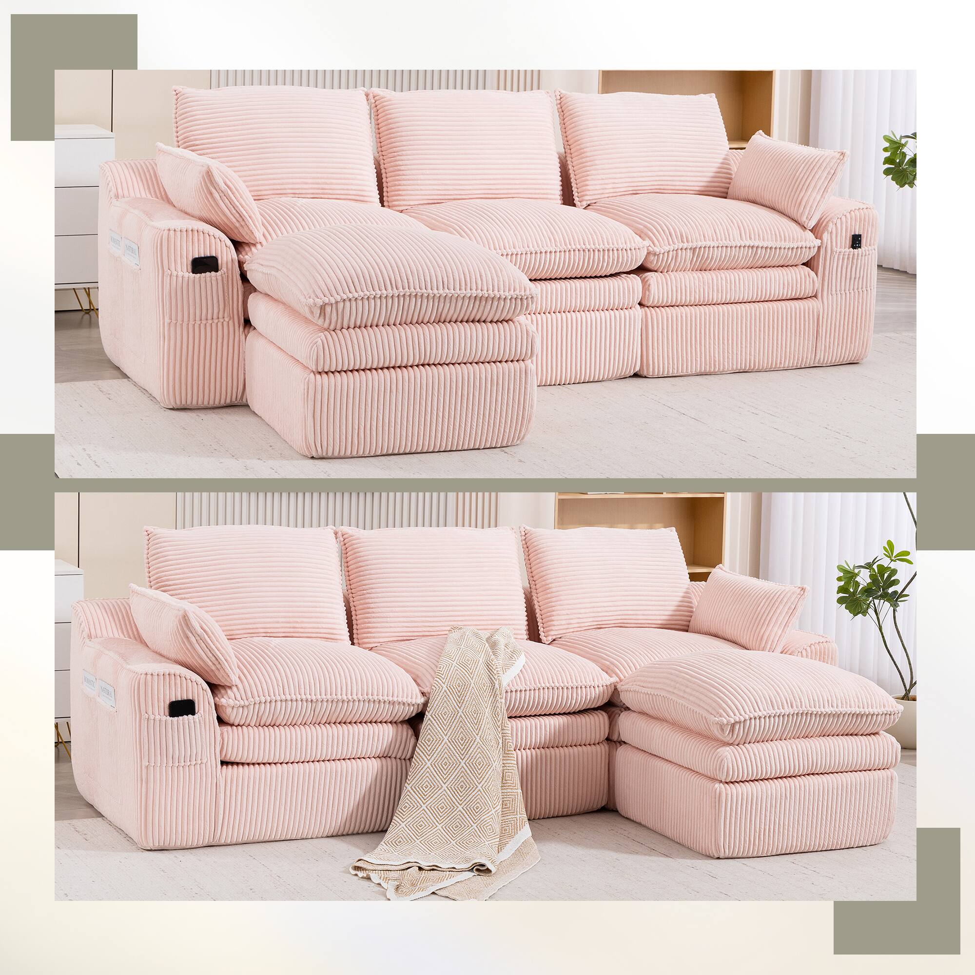 Alt View 5. Meqiodas - L Shaped Modular Sectional Sofa Modern Corduroy Boneless Couches with Movable Footstool, With Three Pillows - Orange.