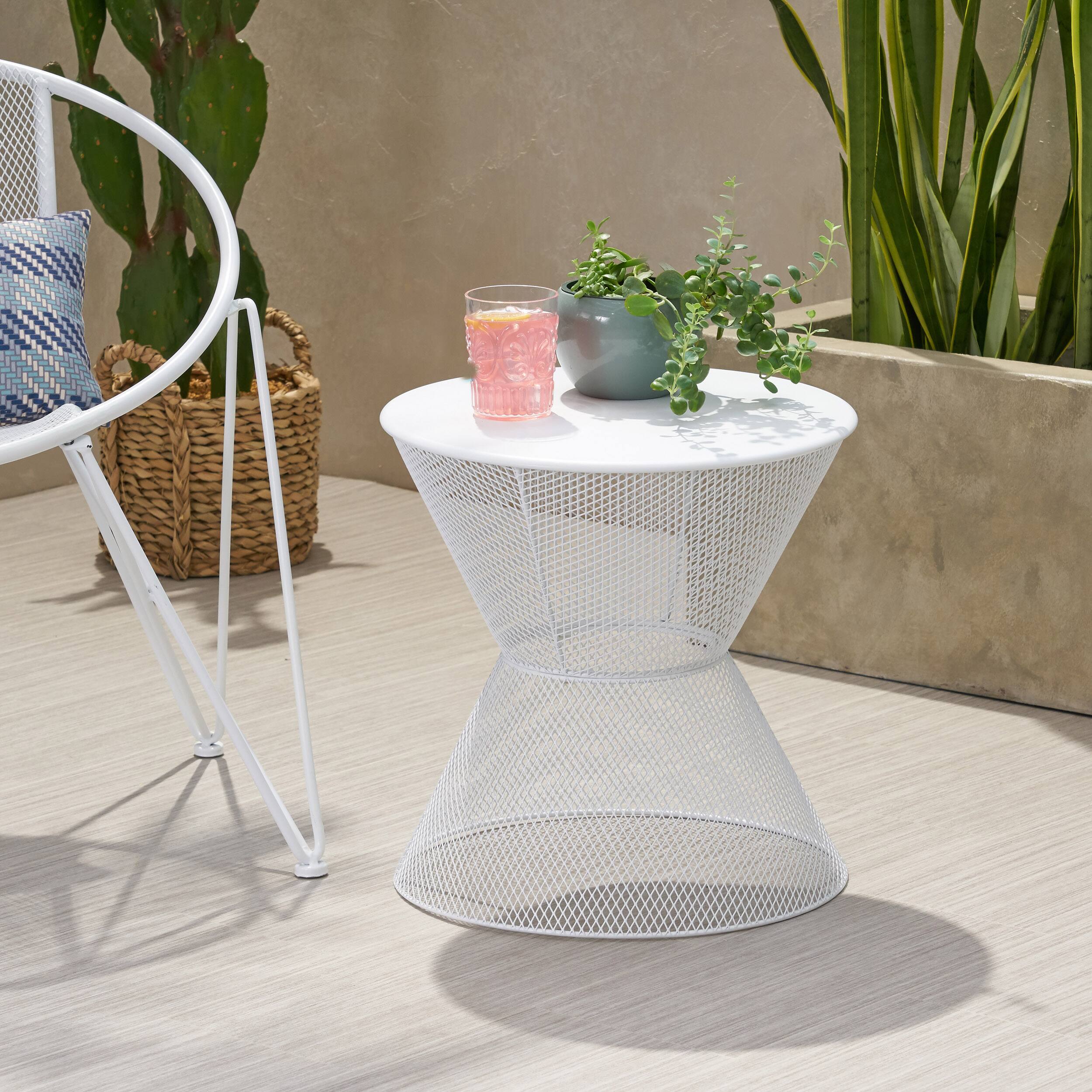 Back. APRILSOUL - Contemporary Side Table with Mesh Design in Matte White Iron - Matte White.