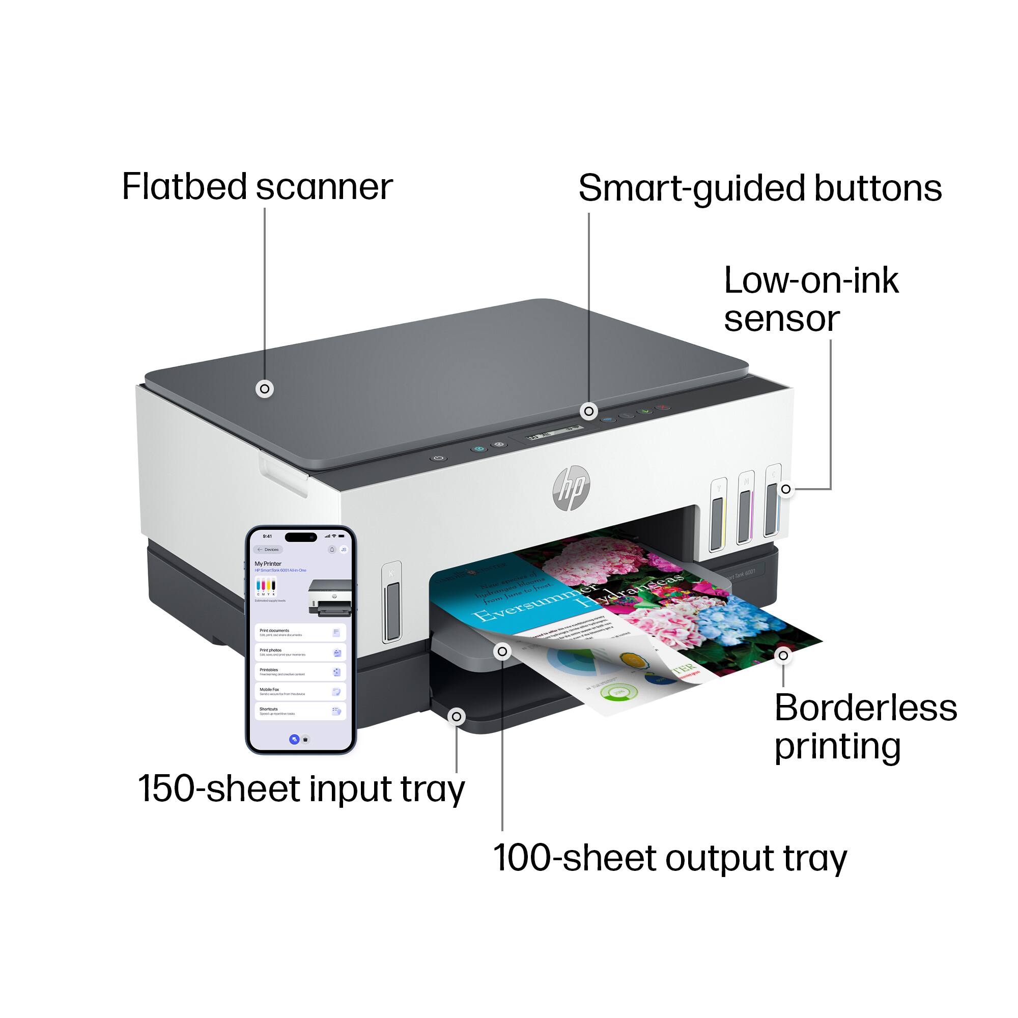 Flatbed scanner  
Smart-guided buttons  
Low-on-ink sensor  
150-sheet input tray  
100-sheet output tray  
Borderless printing