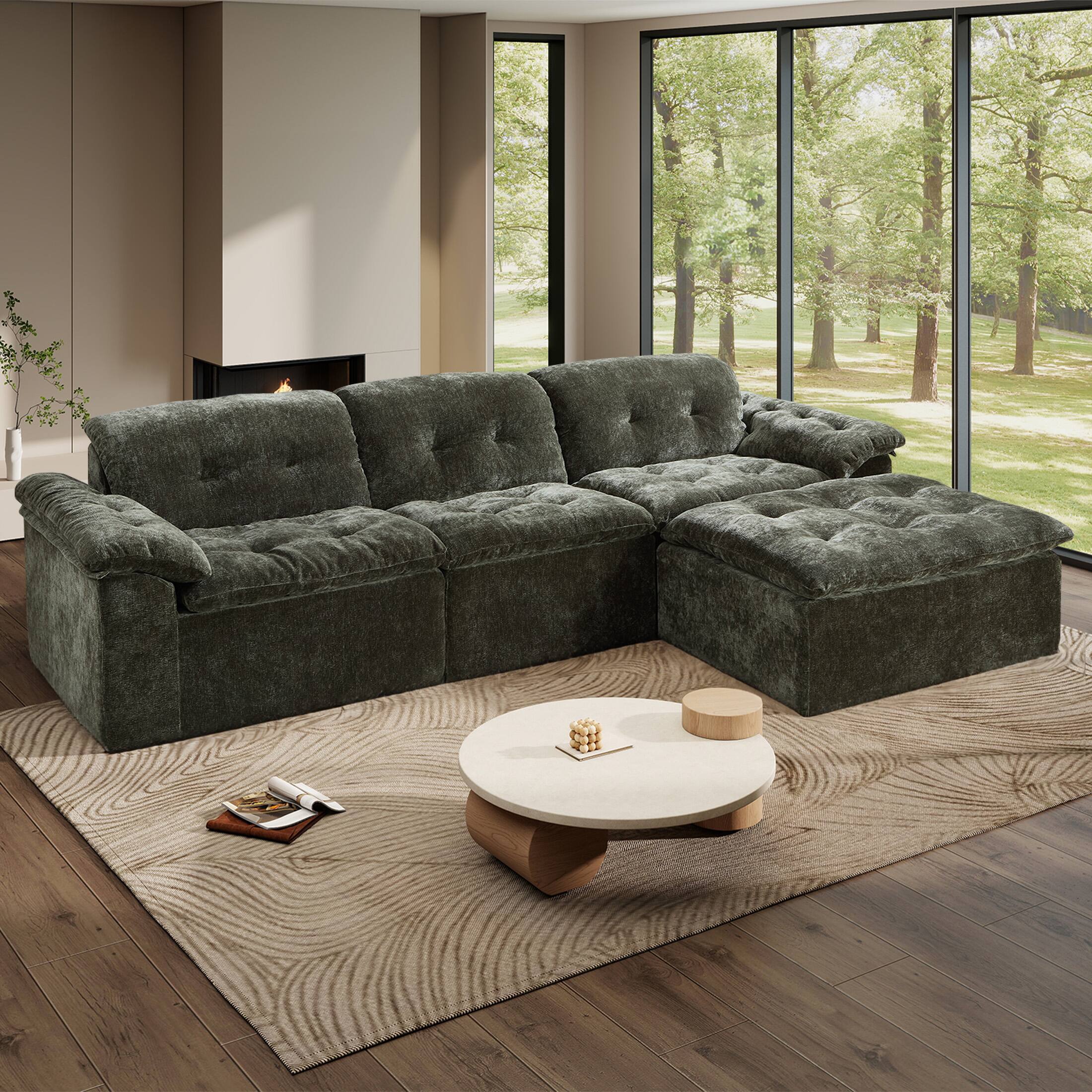 Anysun - L-Shaped Modular Chenille Cushioned Extreme Comfort Sofa with Detachable Backrest and Armrests, Removable Ottoman - Emerald