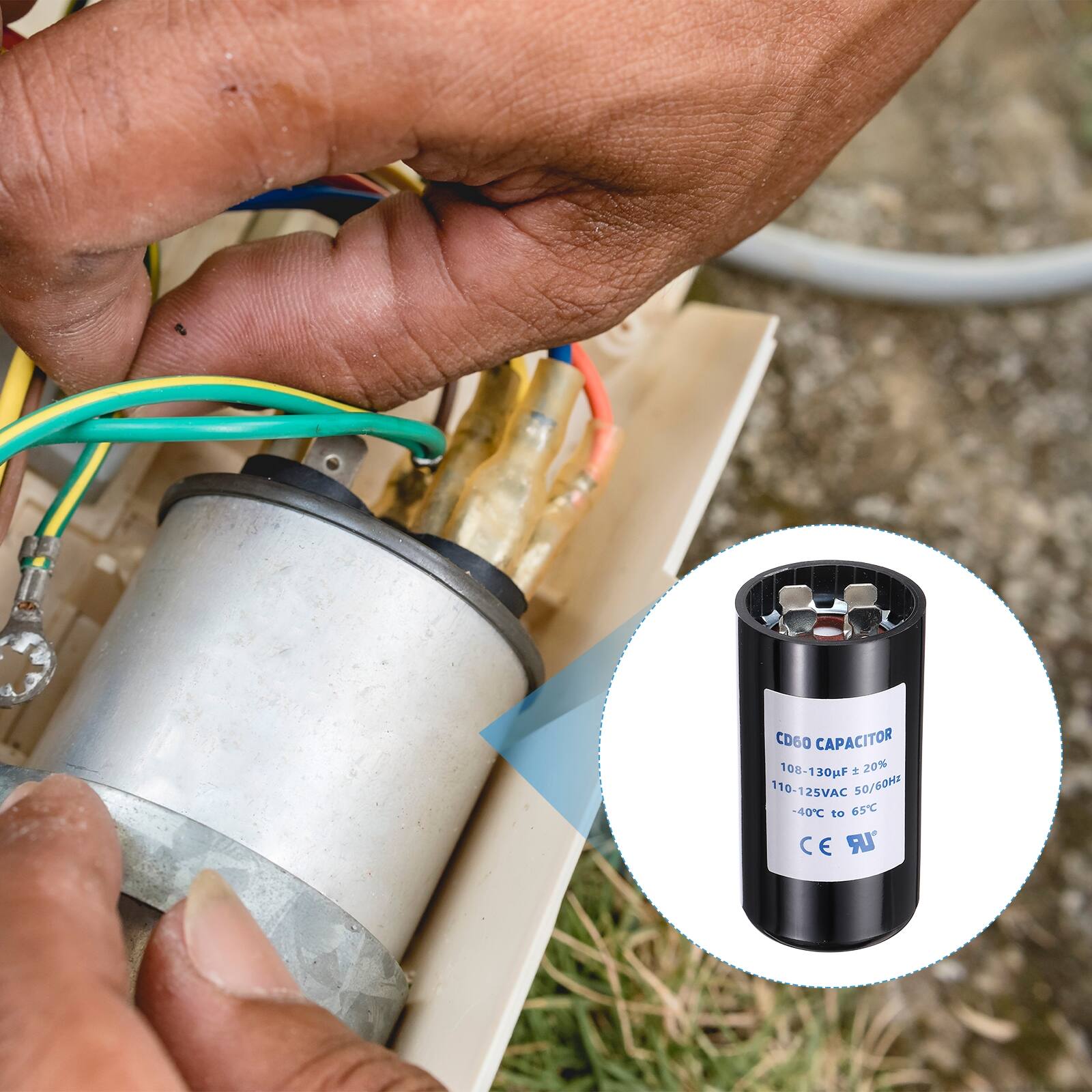 CD60 CAPACITOR  
100-130µF ±20%  
110-125VAC 50/60Hz  
-40°C to 65°C  
CE UR