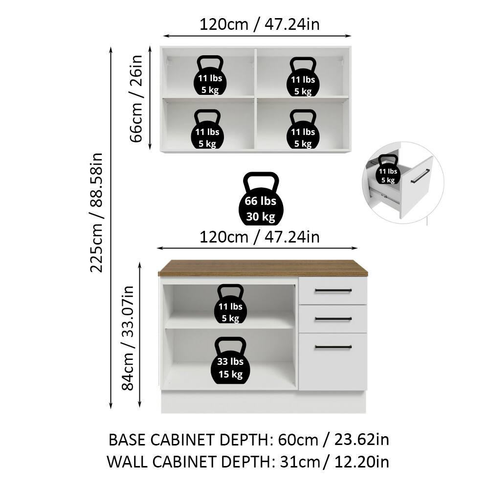 - Height: 88.58in / 225cm
- Width: 26in / 66cm
- Depth: 33.07in / 84cm
- Weight Capacity:
  - 11 lbs / 5 kg
  - 11 lbs / 5 kg
  - 11 lbs / 5 kg
  - 11 lbs / 5 kg
  - 66 lbs / 30 kg
  - 33 lbs / 15 kg
- Base Cabinet Depth: 60cm / 23.62in
- Wall Cabinet Depth: 31cm / 12.20in