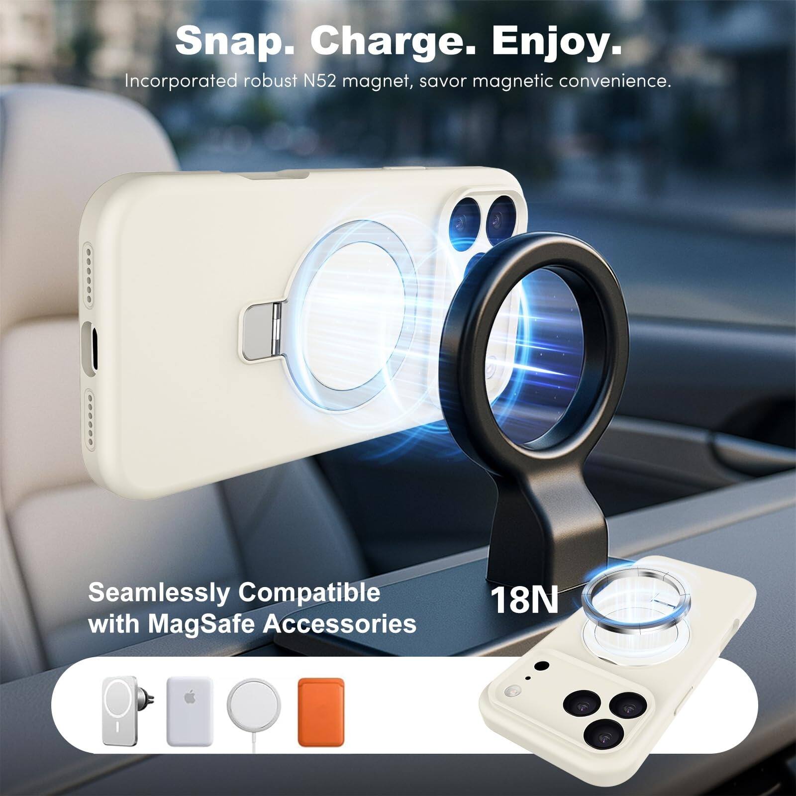 Snap. Charge. Enjoy.  
Incorporated robust N52 magnet, savor magnetic convenience.  
Seamlessly Compatible with MagSafe Accessories  
18N