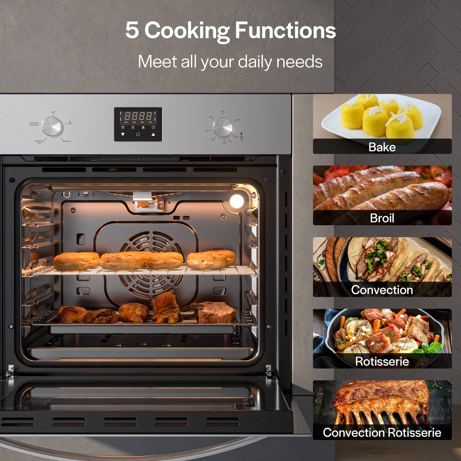 5 Cooking Functions Meet all your daily needs | . 8888 - . d  Bake Broil Convection Rotisserie Convection Rotisserie