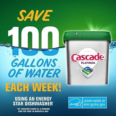 SAVE 100 GALLONS OF WATER EACH WEEK!  
USING AN ENERGY STAR DISHWASHER*  
"THE WASHING DISHES AT A RUNNING SINK FOR OVER 10 MINUTES A DAY"  

LEARN MORE AT  
energystar.gov  

Cascade Platinum
