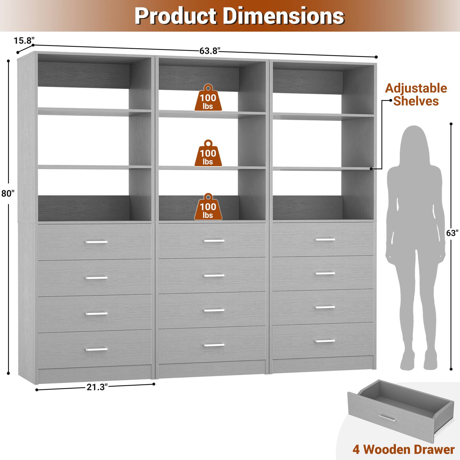 15.8" Product Dimensions 63.8" 100 lbs Adjustable Shelves 100 lbs 80" 100 lbs 63" 21.3" 4 Wooden Drawer