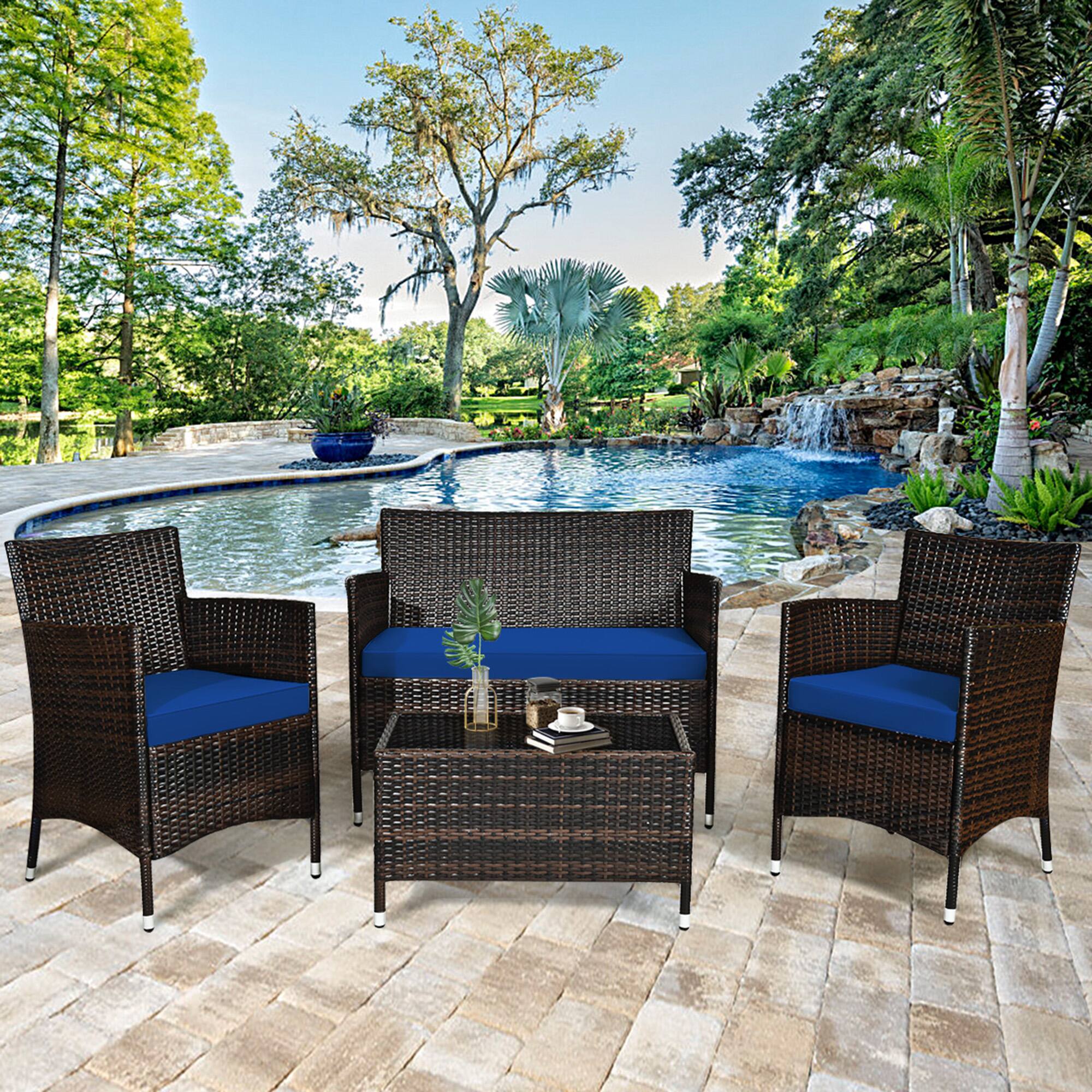 Alt View 3. Gymax - Gymax 8PCS Patio Rattan Conversation Furniture Set Outdoor w/ Navy Cushion - Navy.