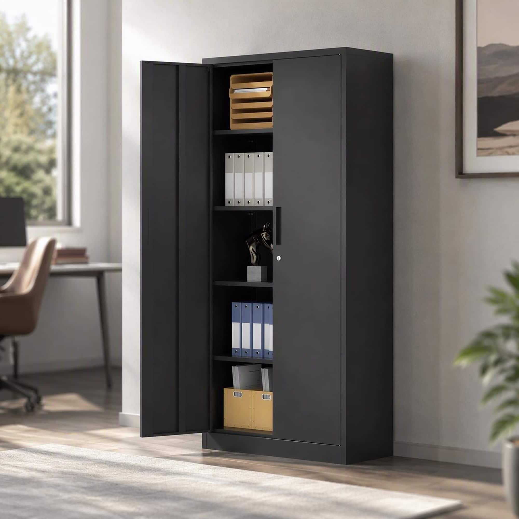 Front. RYHNUYNE - 71 in Tall Metal Garage Storage Cabinet with Locking Doors and 4 Adjustable Shelves, Black Steel Lockable File Cabinet.
