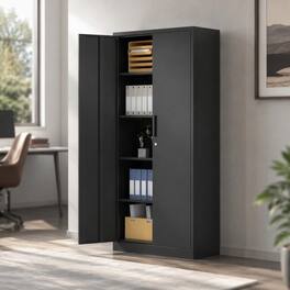 RYHNUYNE - 71 in Tall Metal Garage Storage Cabinet with Locking Doors and 4 Adjustable Shelves, Black Steel Lockable File Cabinet