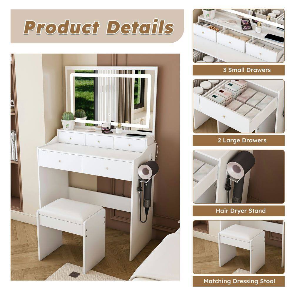 Product Details

- 3 Small Drawers
- 2 Large Drawers
- Hair Dryer Stand
- Matching Dressing Stool