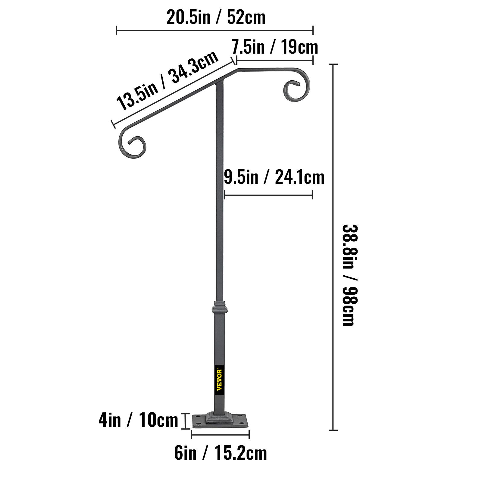 20.5in / 52cm, 7.5in / 19cm, 13.5in / 34.3cm, 9.5in / 24.1cm, 38.8in / 98cm, 4in / 10cm, 6in / 15.2cm