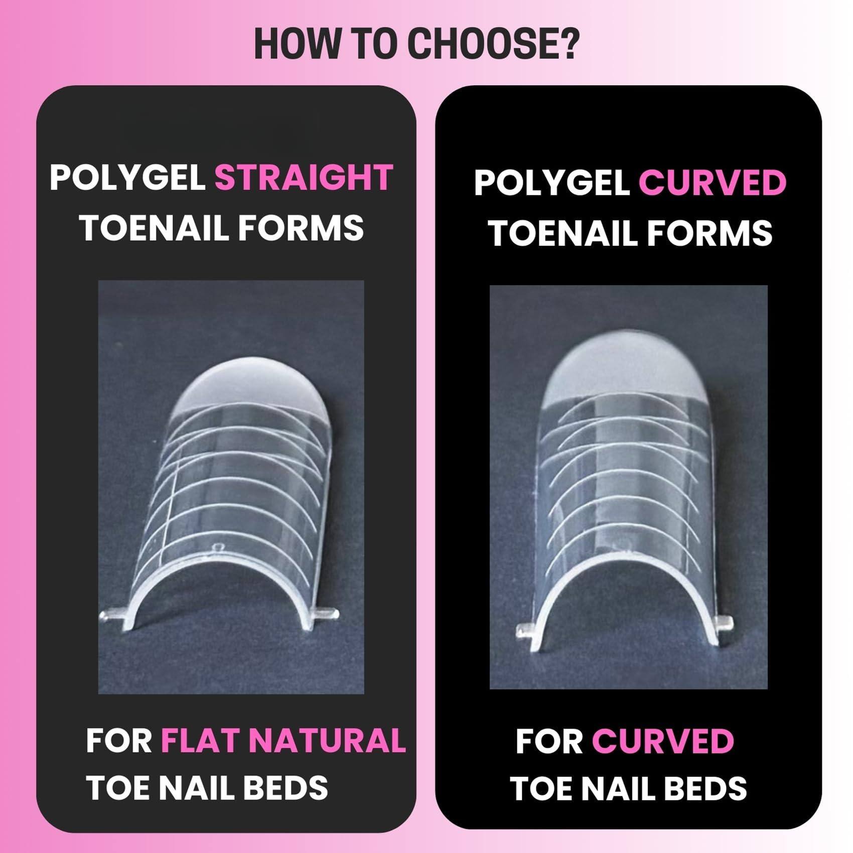 Sure, here is the corrected and grouped text from the image:

---

**HOW TO CHOOSE?**

**POLY GEL STRAIGHT TOENAIL FORMS**  
FOR FLAT NATURAL TOE NAIL BEDS

**POLY GEL CURVED TOENAIL FORMS**  
FOR CURVED TOE NAIL BEDS

---