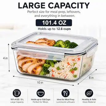 Sorbus Set of 2 Glass Meal Prep Containers, Dishwasher and Oven Safe Meal Prep Containers, Freezer Safe Food Storage