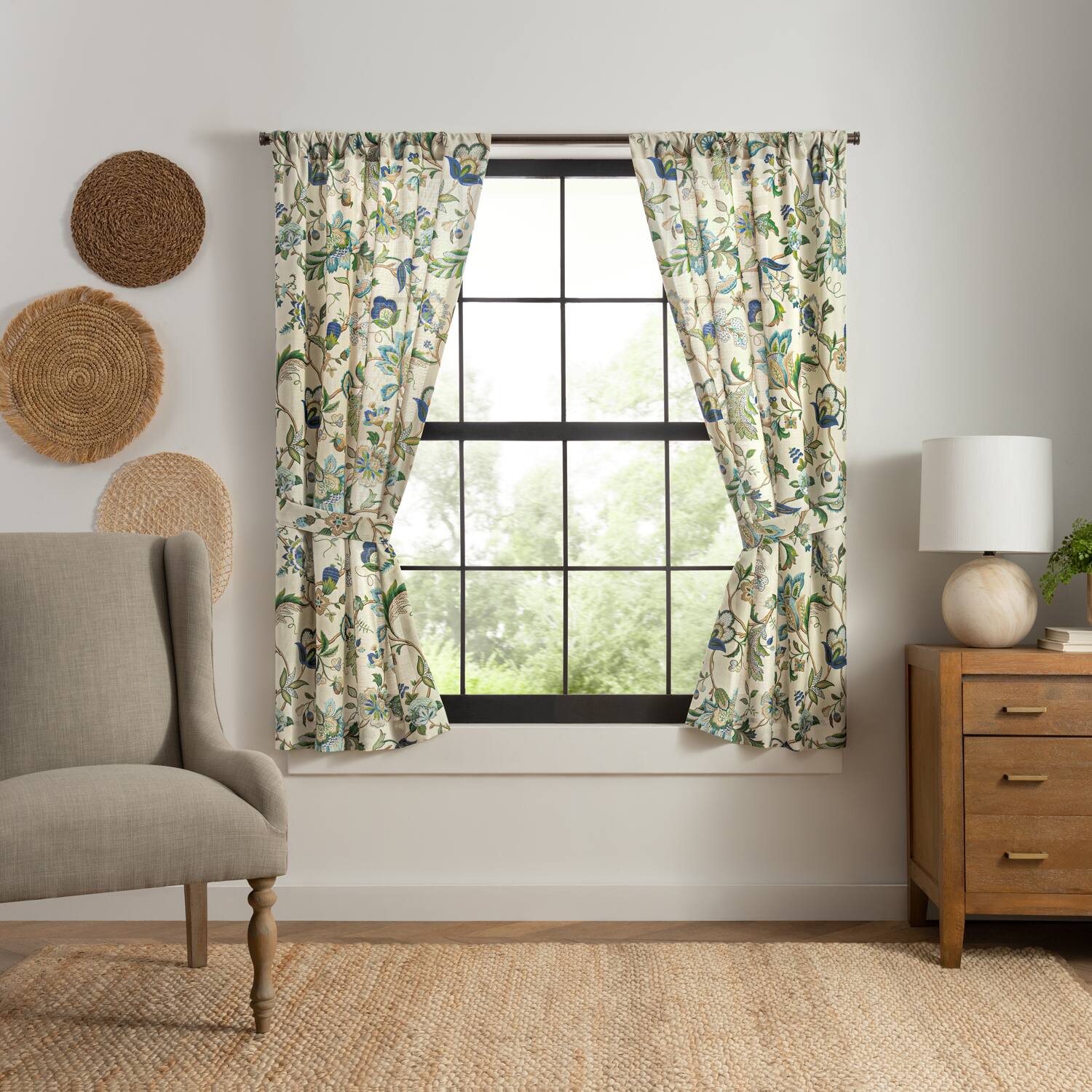 Angle. Ellis Curtain - ELLIS 100% Polyester Brissac Rod Pocket Tailored Grapevine and Check Pattern Pair 70" x 63" Blue - Blue.