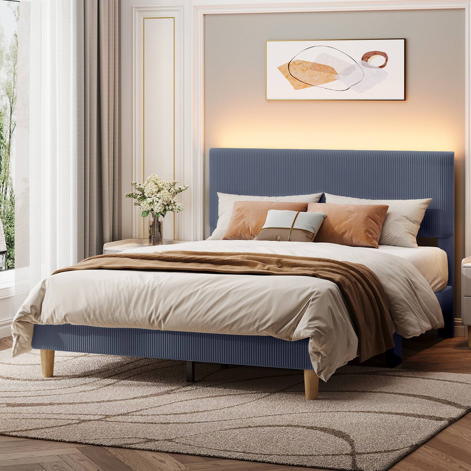Back. Bestier - Queen Size Upholstered Bed Frame with LED Lights, Adjustable Headboard - blue stripe.