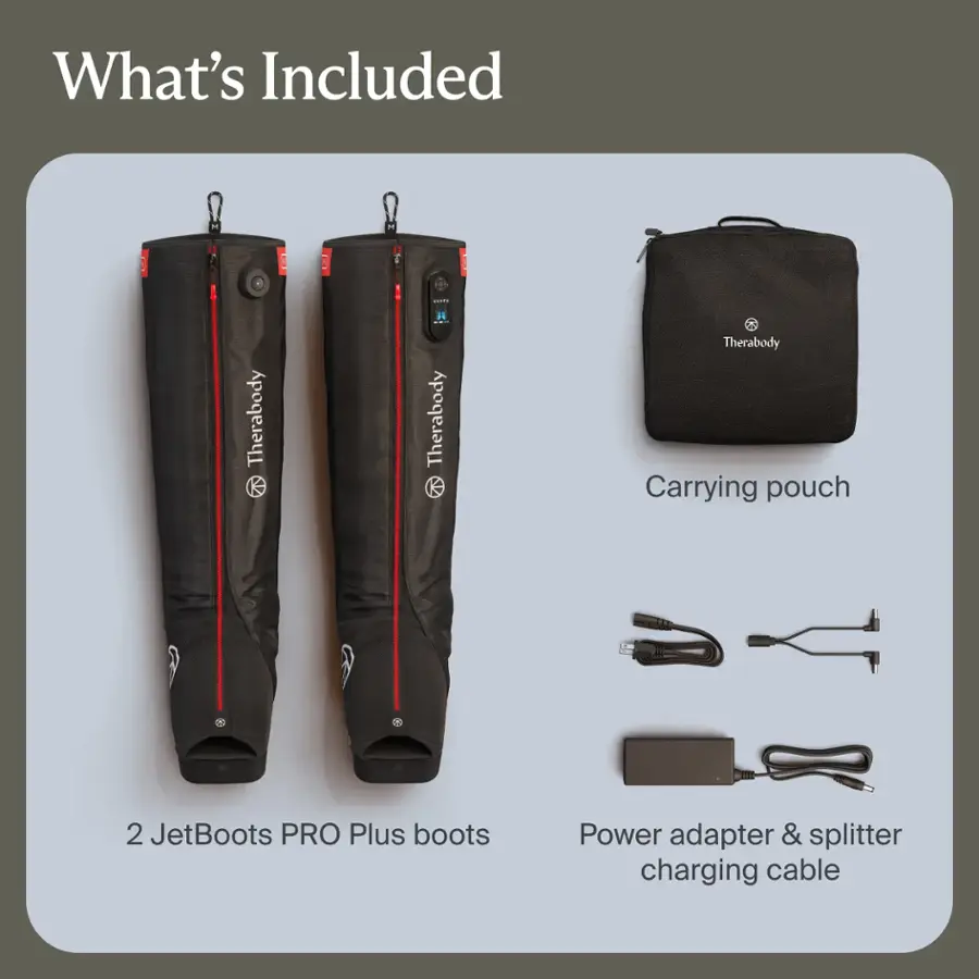 What's Included: 2 JetBoots PRO Plus boots, Therabody Carrying pouch, Power adapter & splitter, charging cable