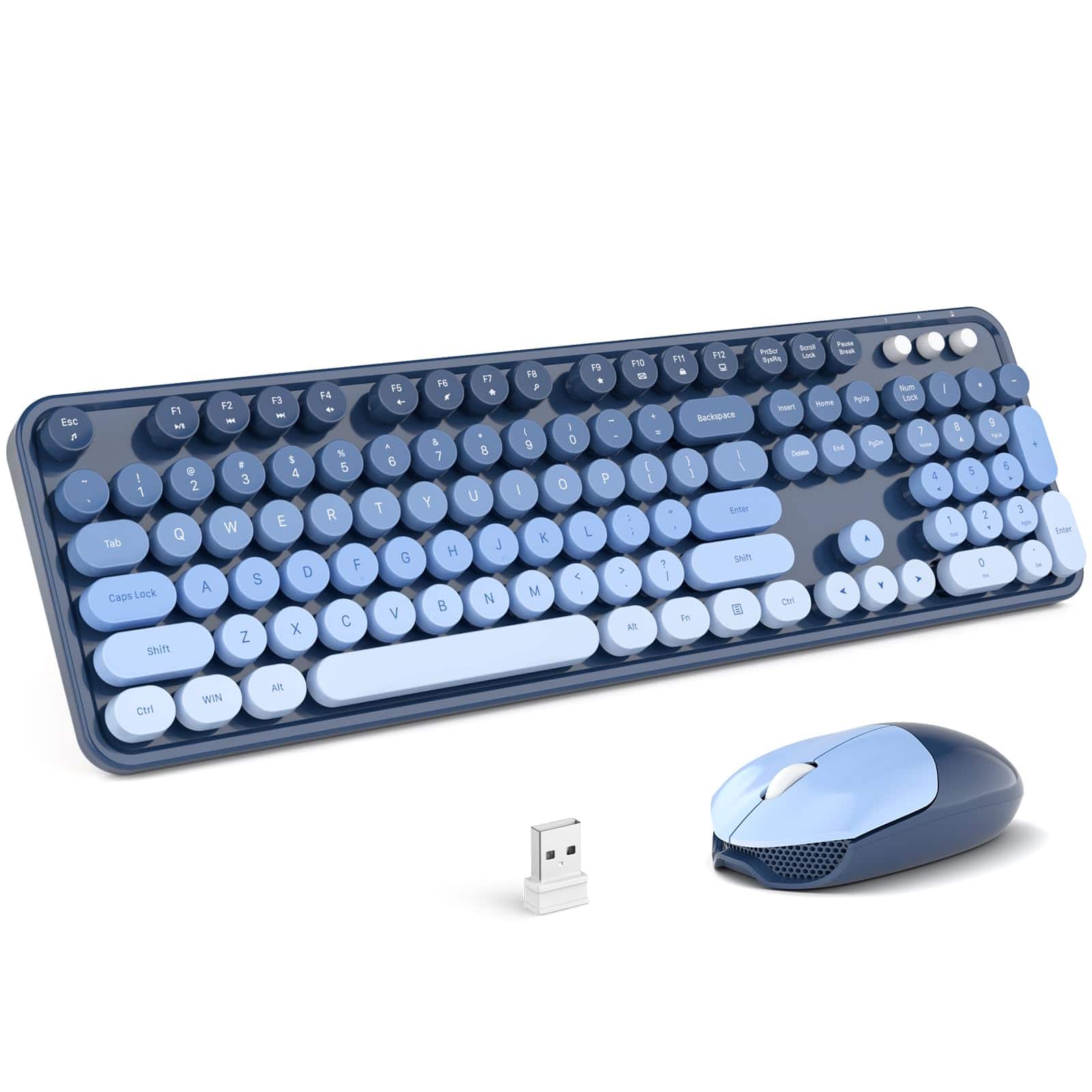 PRIMEPLUS - Wireless Keyboard Mouse Combo, 2.4GHz Retro Typewriter Style Full Keyboard with Number Pad & Mouse for Windows Mac - Lovely Sea Blue Gradient