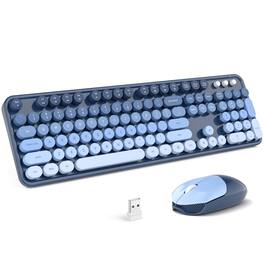 PRIMEPLUS - Wireless Keyboard Mouse Combo, 2.4GHz Retro Typewriter Style Full Keyboard with Number Pad & Mouse for Windows Mac - Lovely Sea Blue Gradient