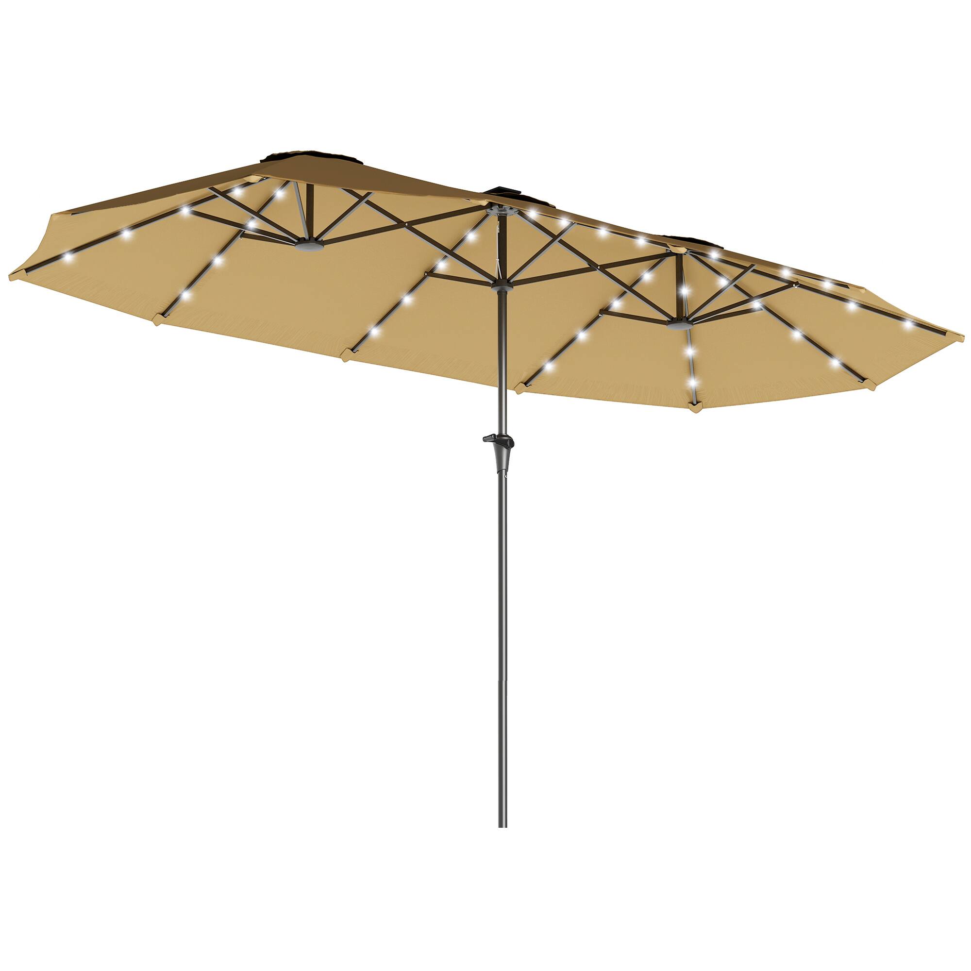Front. Outsunny - Double-Sided Market Umbrella, Large Patio Umbrella with Solar Lights, Crank Handle for Garden, Pool - Khaki.