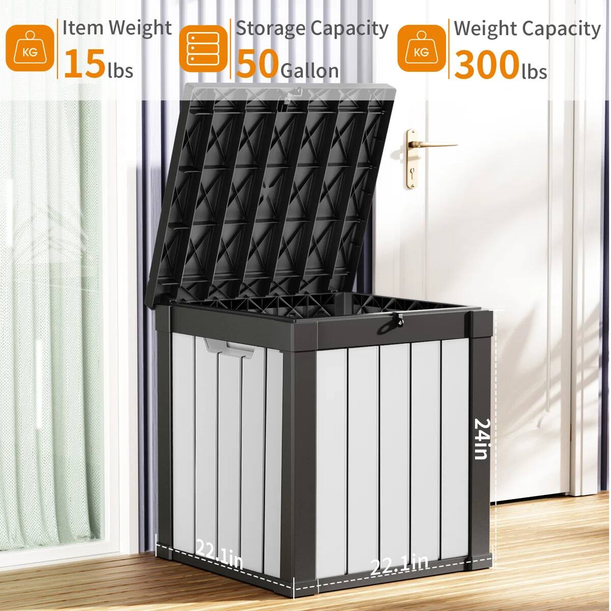 - Item Weight: 15 lbs
- Storage Capacity: 50 Gallon
- Weight Capacity: 300 lbs
- Dimensions: 24in x 22.1in x 22.1in