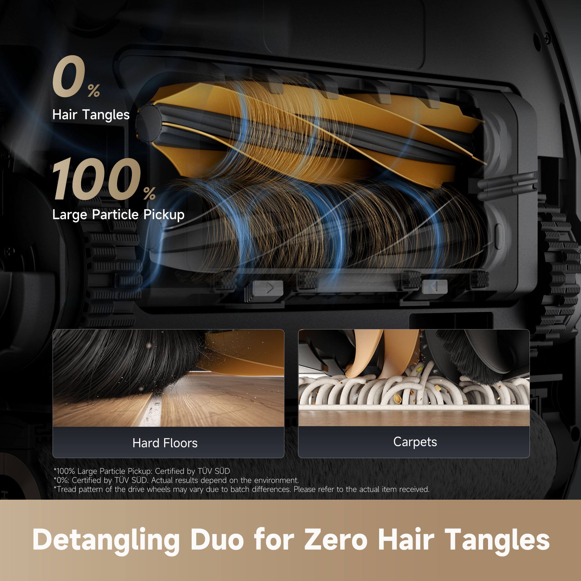 0% Hair Tangles  
100% Large Particle Pickup  

Hard Floors  
Carpets  

*100% Large Particle Pickup: Certified by TÜV SÜD  
*0% Certified by TÜV SÜD  
*Actual results depend on the environment  
*Tread pattern of the drive wheels may vary due to batch differences. Please refer to the actual item received.  

Detangling Duo for Zero Hair Tangles