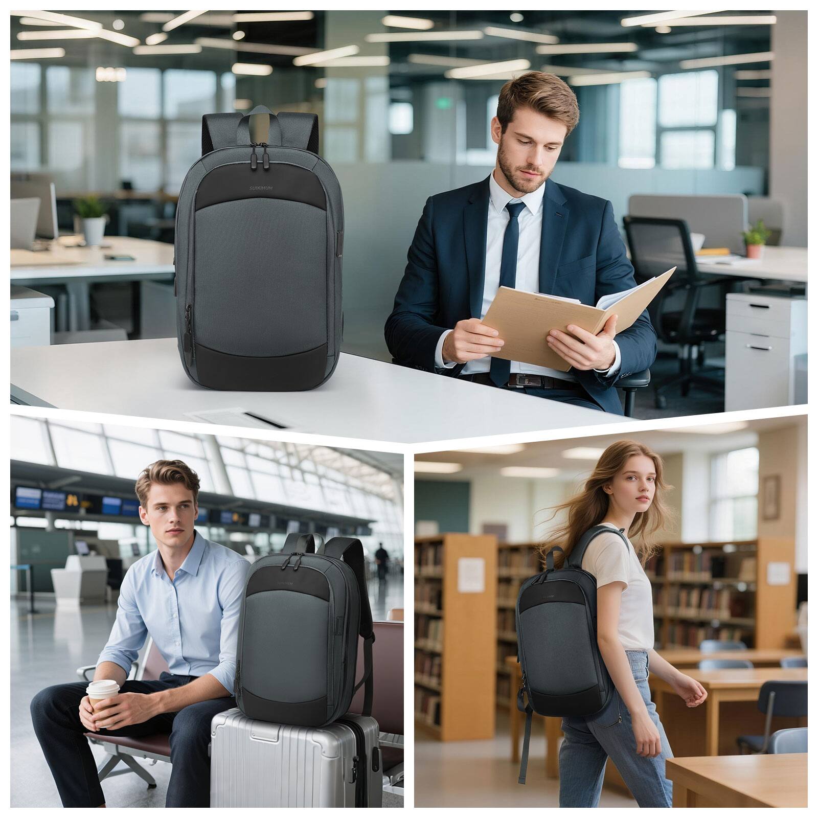 Alt View 6. Unique Bargains - Slim 15.6" Expandable Business Travel Laptop Backpack, Shock-Absorbing Protection, Water-Resistant Zippers - Gray.